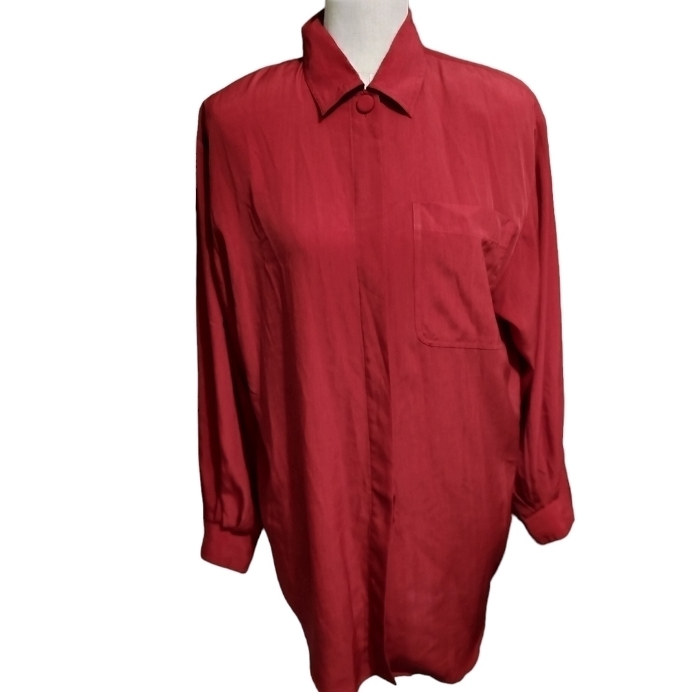 (1112)Christie & Jill Crimson Red Button Front Long Sleeve Blouse Size Medium